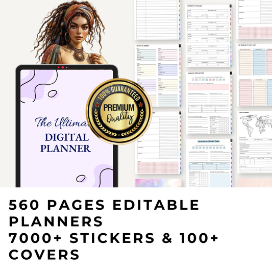 560 Pages Editable Planners, 7000+ Stickers, 100+ Covers (Lifestyle, Productivity, Finance, Wellness, etc.) with Resell Rights